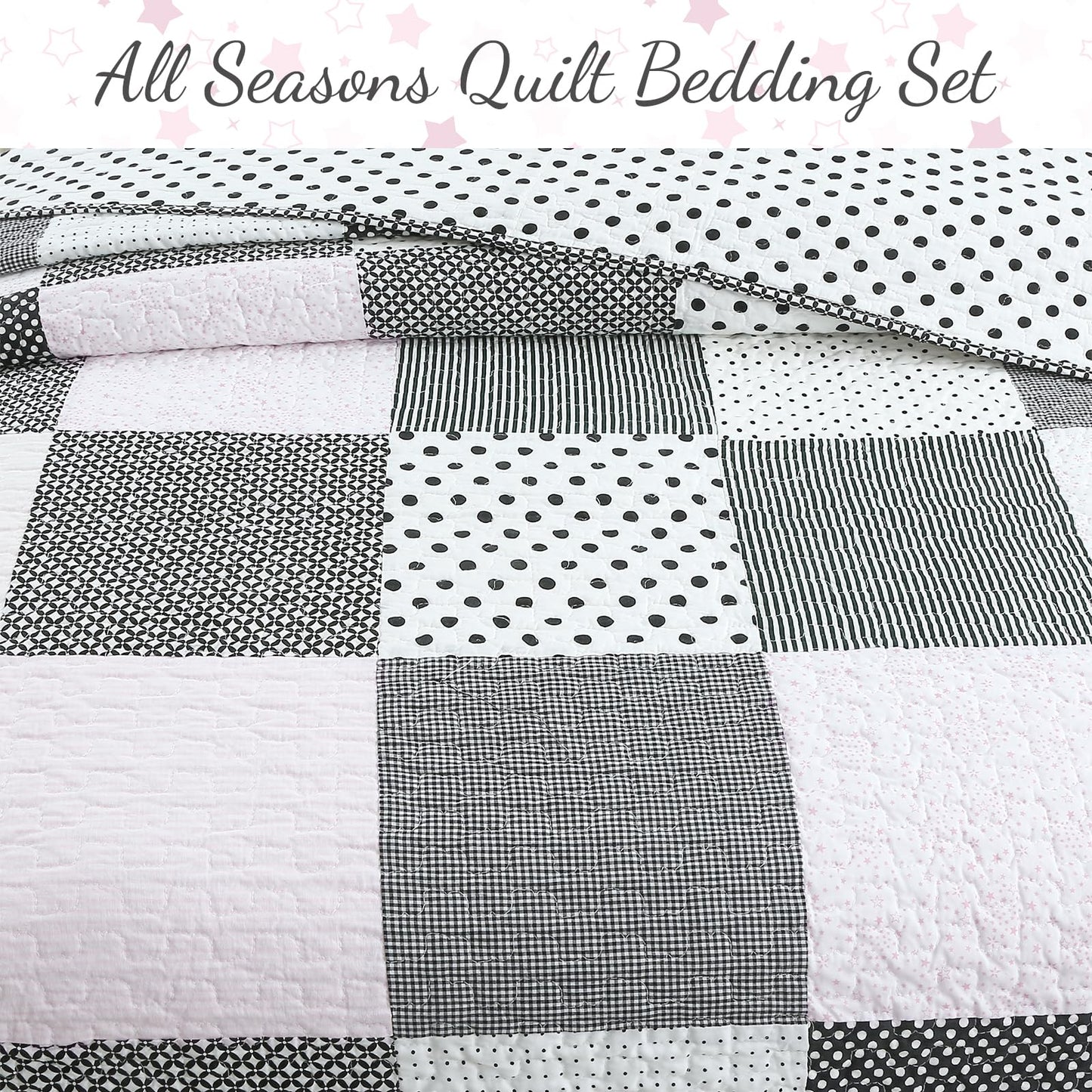 Cozy Line Home Fashions Black White Pink Polka Dots Striped Star Girl 100% Cotton Reversible Quilt Bedding Set, All-Season Coverlet Bedspread (Black Pink, Twin - 2 Piece)