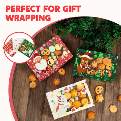 JOYIN 24 PCS Christmas Foil Treats Cookie Gift Boxes (8.75" x 5.75" x 2.75") Colorful Pattern Bakery Box with Window for Xmas Holiday Birthday Party Pastries, Cupcakes, Brownies, Donuts Gift-Giving
