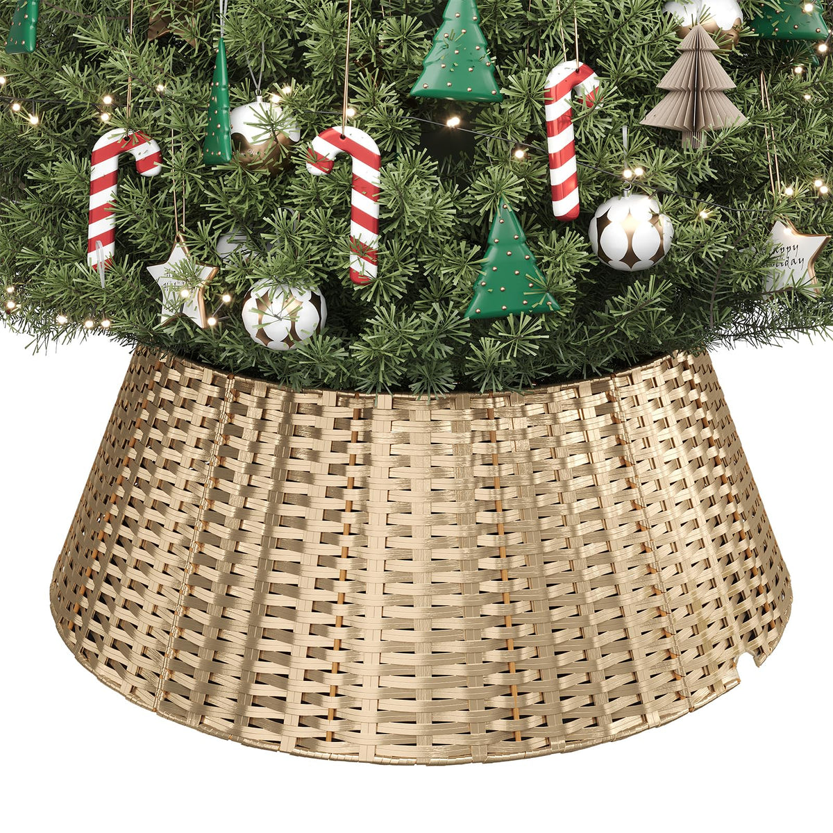 ELYKEN Gold Christmas Tree Collar, 28 Inch Woven Xmas Tree Skirt for 7.5 ft Trees, Stylish Rustic Basket for Tree Base Cover with Cord Cut-Out for Pencil Trees, Easy Assembly