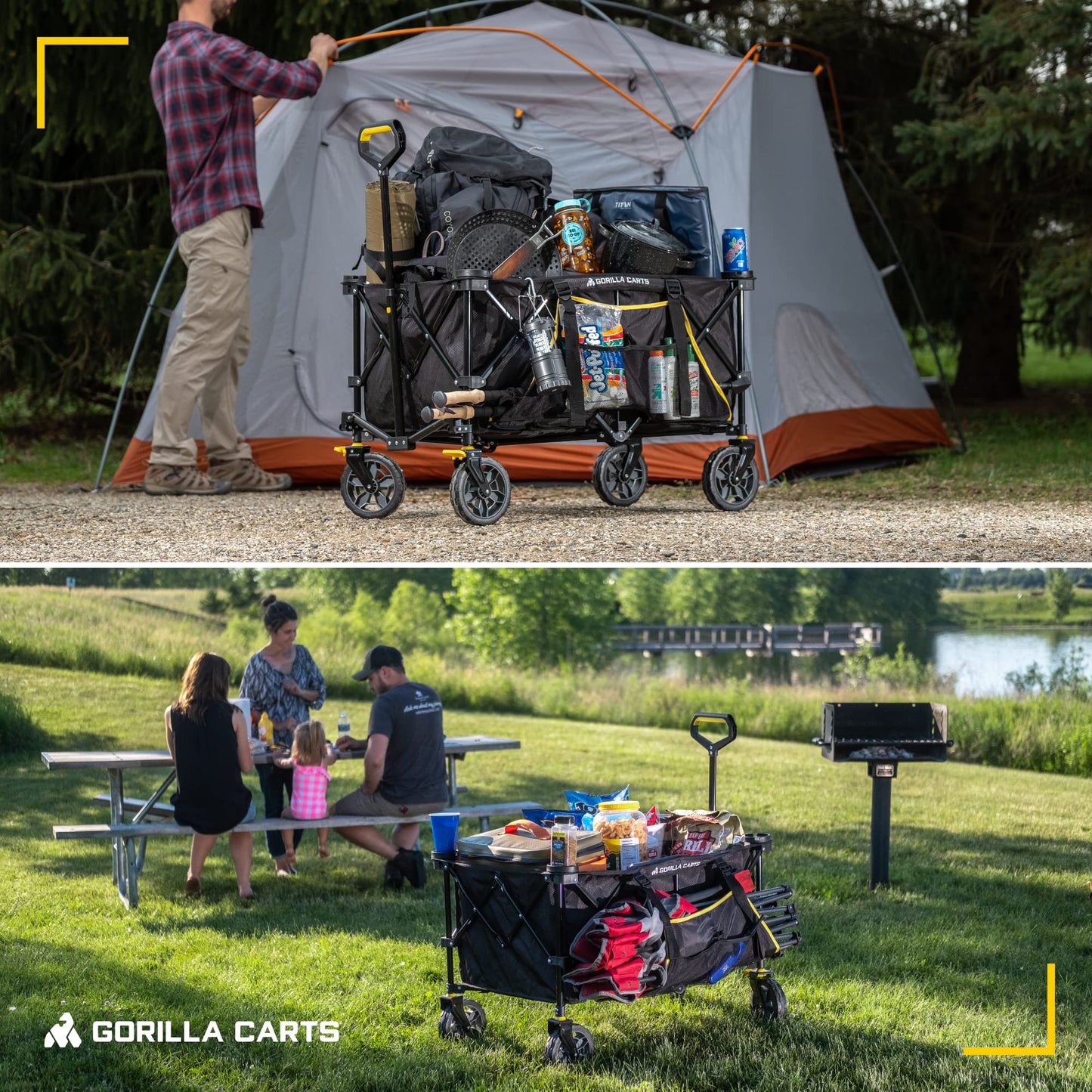 Gorilla Carts 7 cu ft 185L Capacity Foldable Festival Wagon Collapsible Durable All Terrain Utility Pull Camping Wagon with Oversized Bed and Built-in Cup Holders, Garden Trolley Black Load up to 70kg