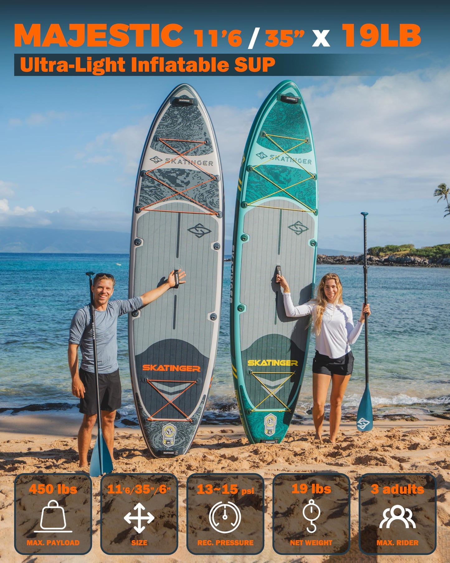 Skatinger 11'6×35" Super Wide Inflatable Paddle Board, Premium Woven Drop-Stitch Tech, 450lb/3 People/Family Paddle Board, Shoulder Strap, 100L Backpack, Ultra-Light, All-Round Sup Board