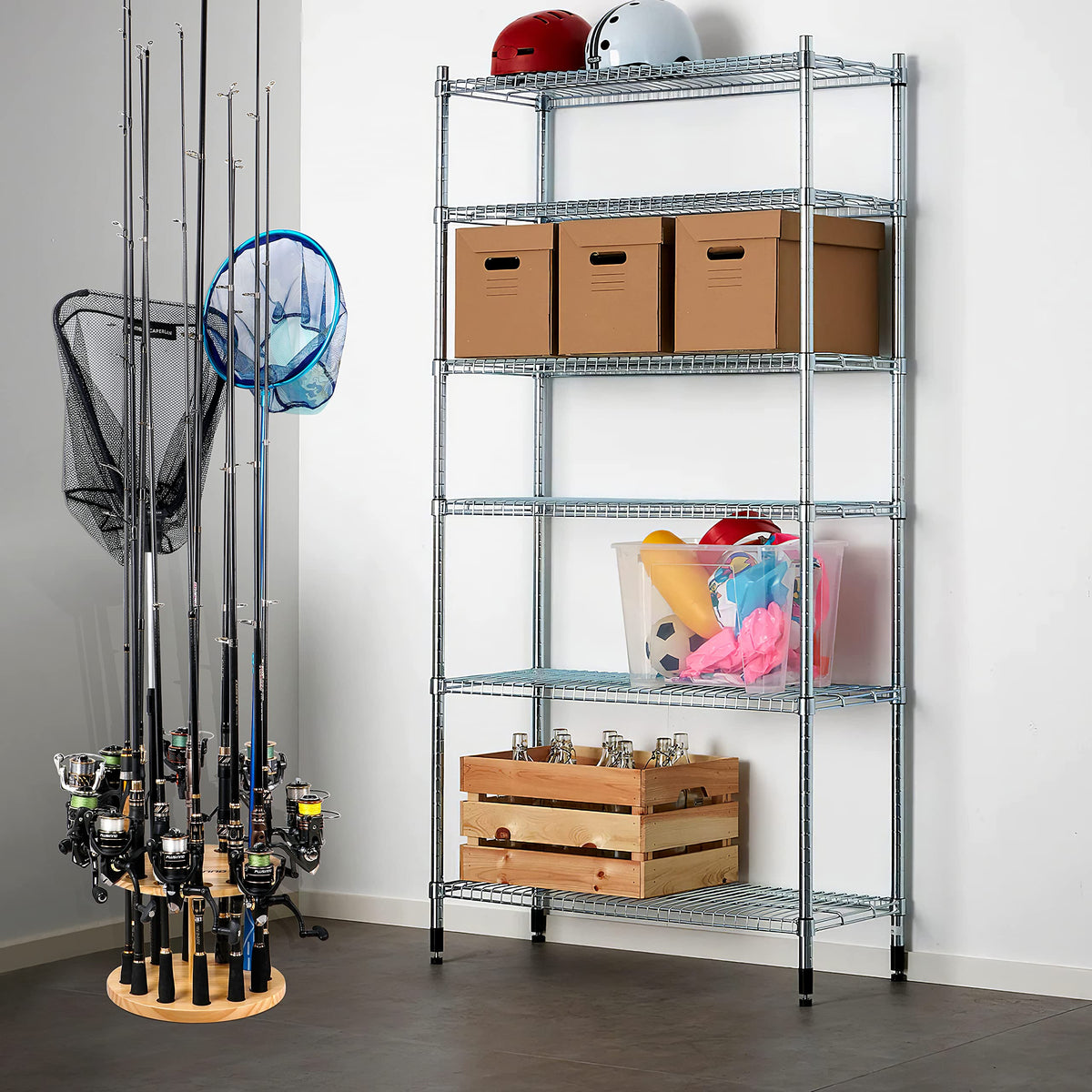 PLUSINNO 2PACK V12 Fishing Rod Holders for Garage, Vertical Fishing Pole Holders Wooden Round Floor Stand, Fishing Rod Rack Holds up to 24 Rods or Fishing Nets Storage Organizer Racks