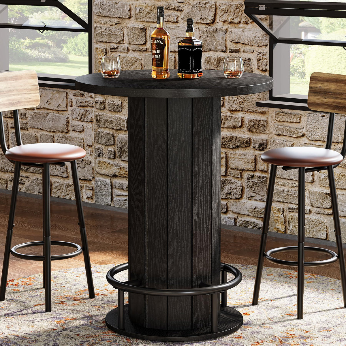 Tribesigns Round Bar Table, 39.4" H Wood Bistro Pub Table with Metal Ring Footrest for Dining Coffee Cocktail Living Room, Small Space, Black (Only Table)