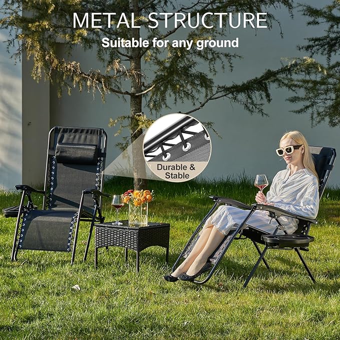 Sweetcrispy Zero Gravity Chairs, Set of 2 Portable Recliner Beach Camping Patio Outdoor Folding Lounge Chair with Cup Holder Trays and Adjustable Pillow for Poolside, Garden, Backyard, Lawn (Black)