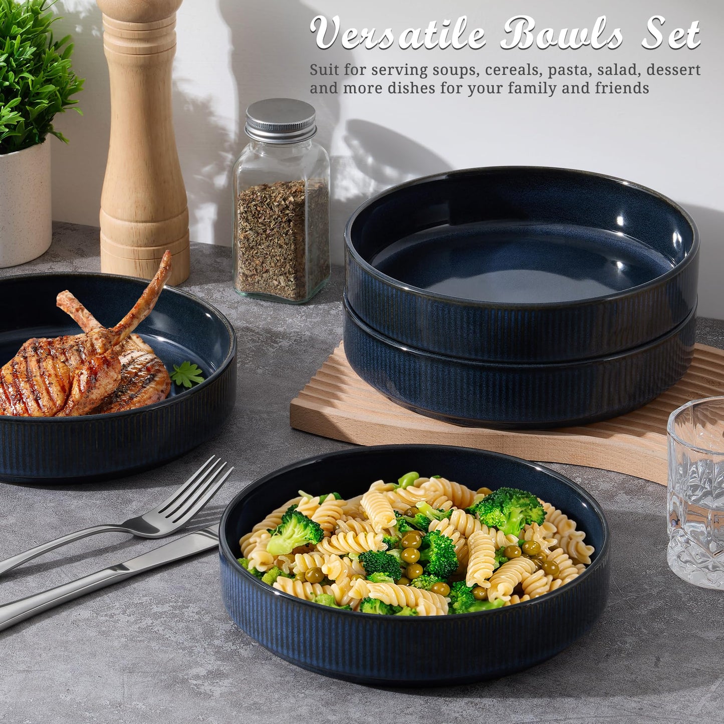 E-far Pasta Bowls Set of 4, 35oz Large Salad Bowl Plate for Dinner Serving, Wide & Shallow Ceramic Stoneware Pasta Plates, Microwave & Dishwasher Safe, Reactive Glaze Textured Stripes, Dark Blue
