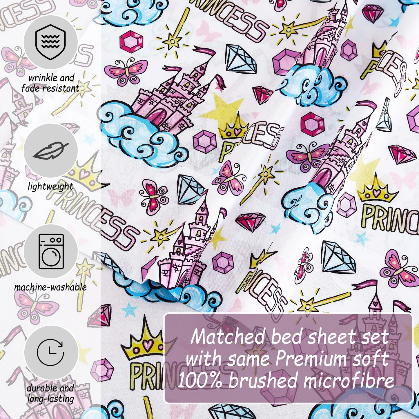 Softan Kids Bed Sheet Set, 4-Piece Full Size Sheets, Microfiber Fitted Sheet with 15 Inches Deep Pocket and Corner Straps, Breathable & Silky Soft Castle Diamond Printed Sheet and Pillowcase Sets