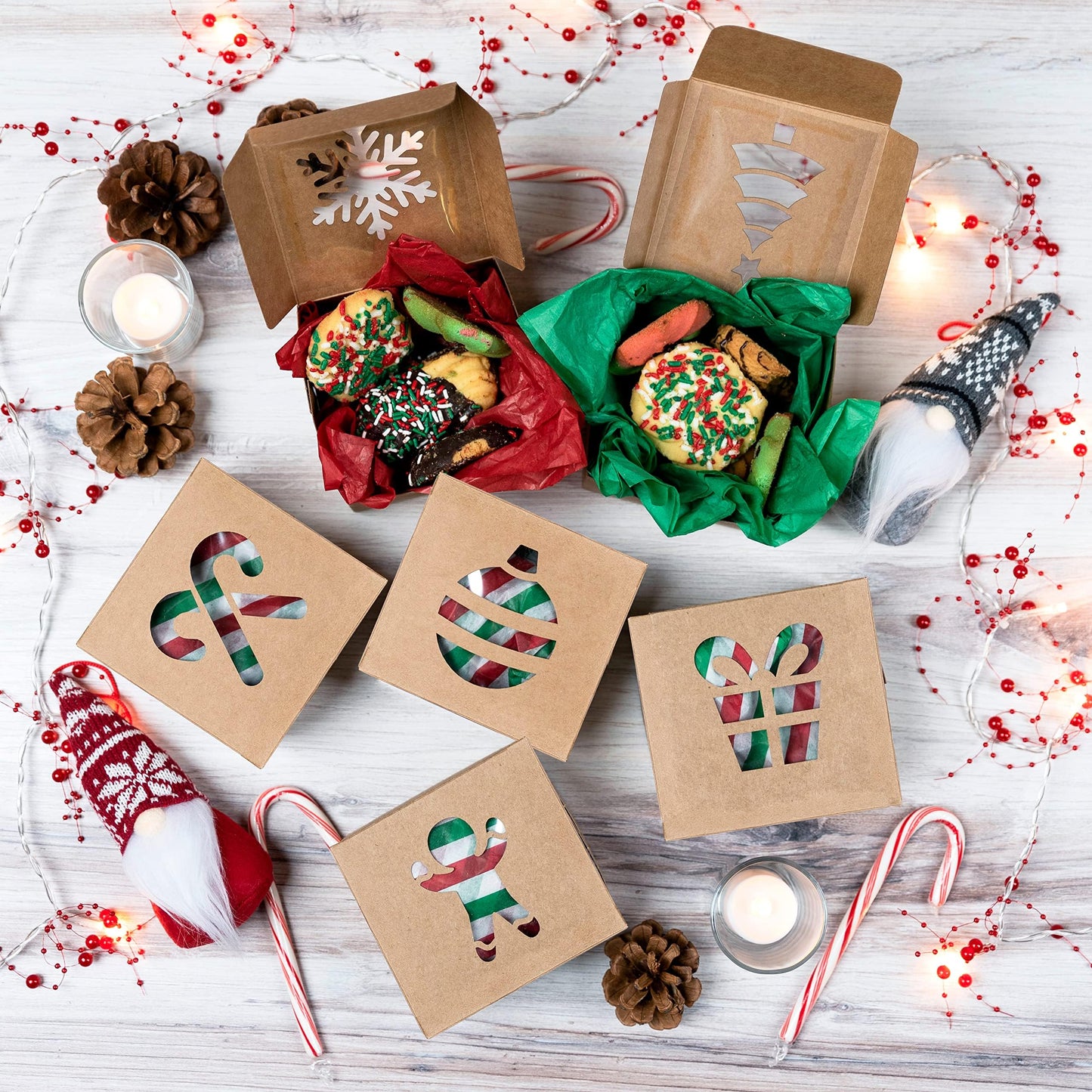 JOYIN 36 PCS Christmas Cookie Boxes for Gift Giving, Brown Bakery Treat Boxes with Window, 4" x 4" x 2.5" Gift Wrap Box for Xmas Holiday Party Favor Pastries, Cupcakes, Donuts, Brownies, Donuts