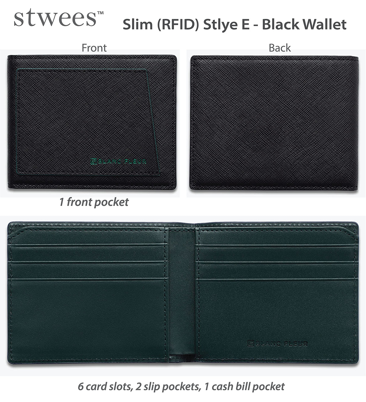maskfactory stwees bifold leather wallets - Ultra slim, RFID, Front pocket, slim, ID window (Pocket style E, Black)