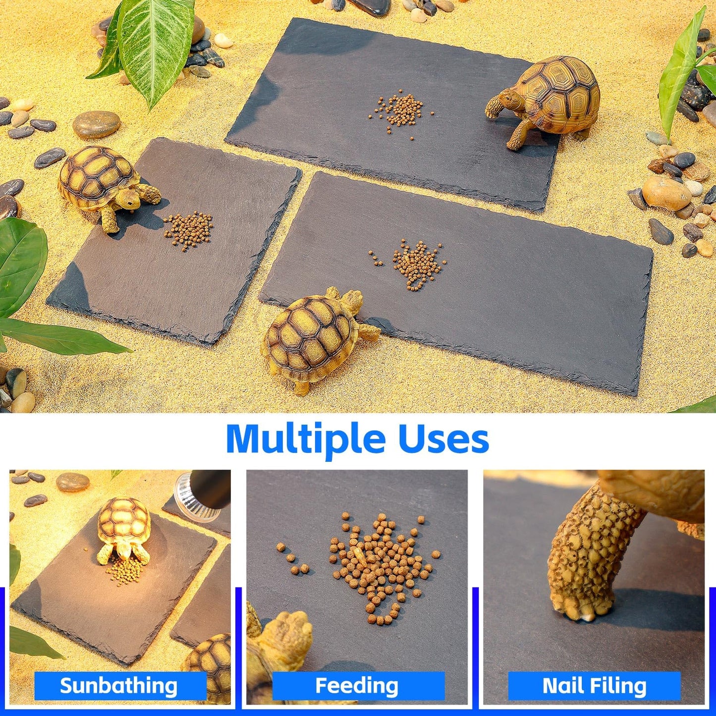 Natural Slate Basking Platform for Reptiles Bearded Dragon Tortoise Turtle Habitat Accessory Heat Retention, Anti-Slip Design, Feeding Tray Functionality, and Superior Water Absorption(12'' x 8'')