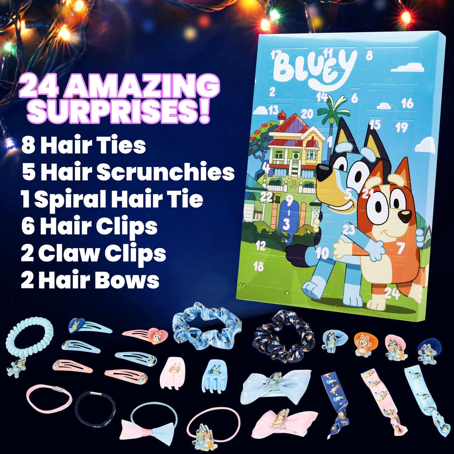 Bluey Hair Accessories Advent Calendar 2025 for Girls Christmas Countdown with 24 Hair Clips Bows Scrunchies Ties Claw Clips, Holiday Gifts for Girls