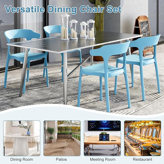 VECELO 4 Pack Plastic Stacking Chairs, Stackable Dining Chairs for Kitchen Restaurant Patio, Portable Indoor Outdoor Use, No Assembly Required, Blue
