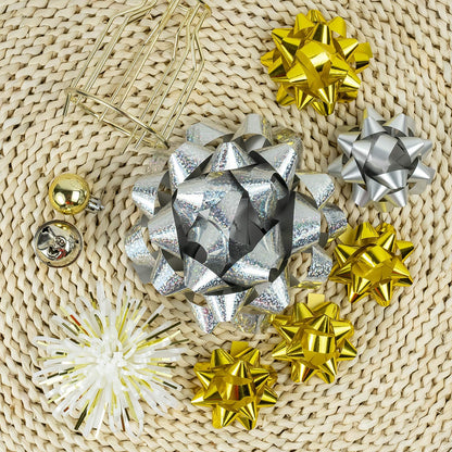 WRAPAHOLIC 40 Pcs Gift Bows Assortment - 28 Assorted Size Gift Bows(Gold&Silver&White), 1 Pull Bow, 2 Tinsel Bows, 2 Fountain Bows, 2 Curly Bows, 4 Curling Ribbons, 1 Cotton Twine