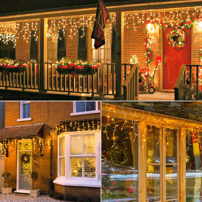 Hopolon 33FT 360L LED Christmas Icicle Lights Outdoor Waterproof,8 Modes Plug in Curtain String LIghts With 60 Drops,Christmas Lights for Wedding,Party,Bedroom,Home,Garden,Wall Decorations(Warm White)