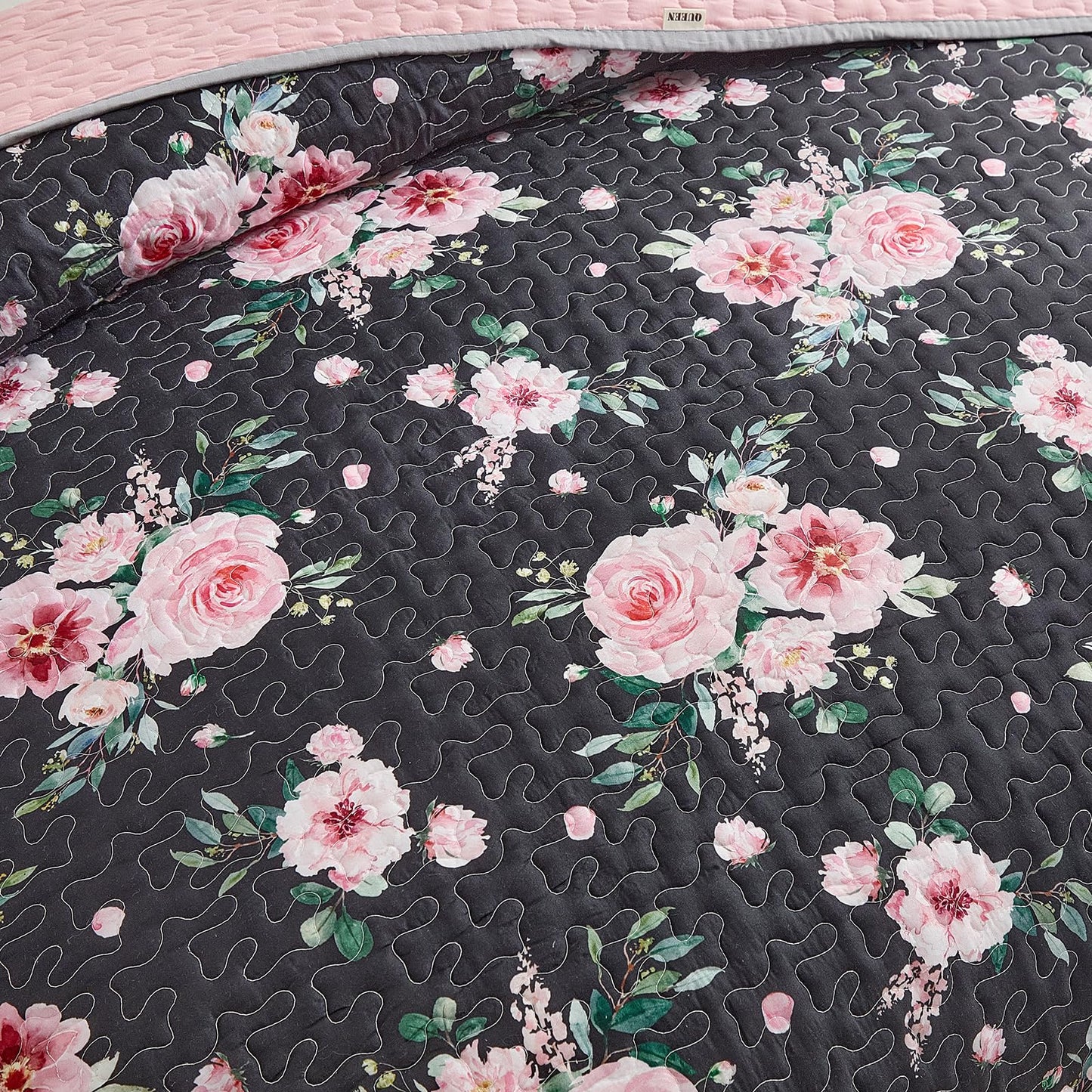 Floral Quilt Set 3 Pieces Queen Size Black Pink Flower with Green Leaves Soft Microfiber Lightweight Summer Reversible Coverlet Bedspread for All Season -1 Quilt 88*88 + 2 Pillow Shams
