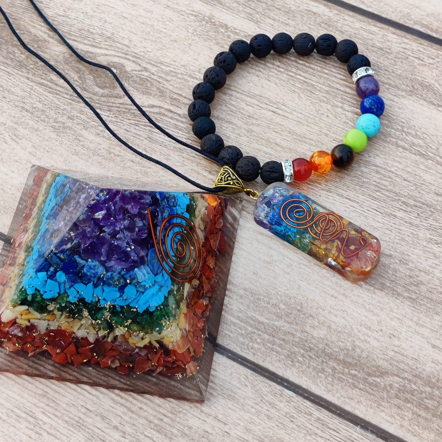 3 in 1 Orgone Pyramid for E-Energy Protection & Healing- meditation orgonite pyramids with Pendant and Bracelet set/crystal chakra set (7 Chakra Medium)