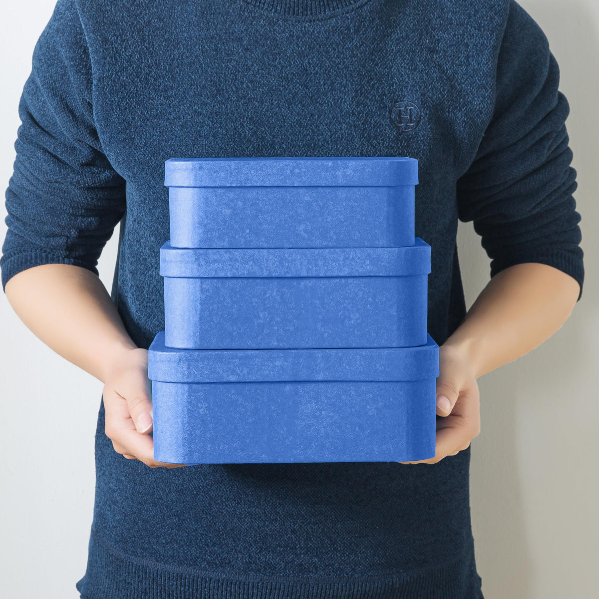 Soul & Lane Set of 3 Textured Royal Blue Boxes with Rounded Edges, Nesting Decorative Cardboard Boxes with Lids, Large Paperboard Storage for Organizing, Keepsakes, Gifts
