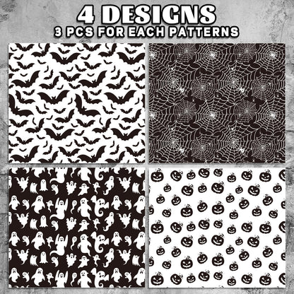 Whaline 12 Sheet Halloween Wrapping Paper Black White Pumpkin Ghost Spider Web Pattern Folded Flat Gift Wrap Paper 4 Design Art Paper for Halloween Party DIY Craft Gift Packing, 19.7 x 27.6 Inch