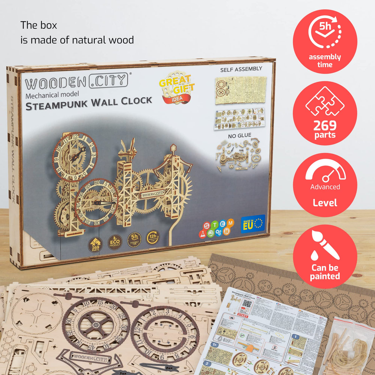 WOODEN.CITY Steampunk Wall Clock – 3D Wooden Clock Puzzle for Adults & Teens, Mechanical Pendulum Clock Building Kit with 257 Pieces