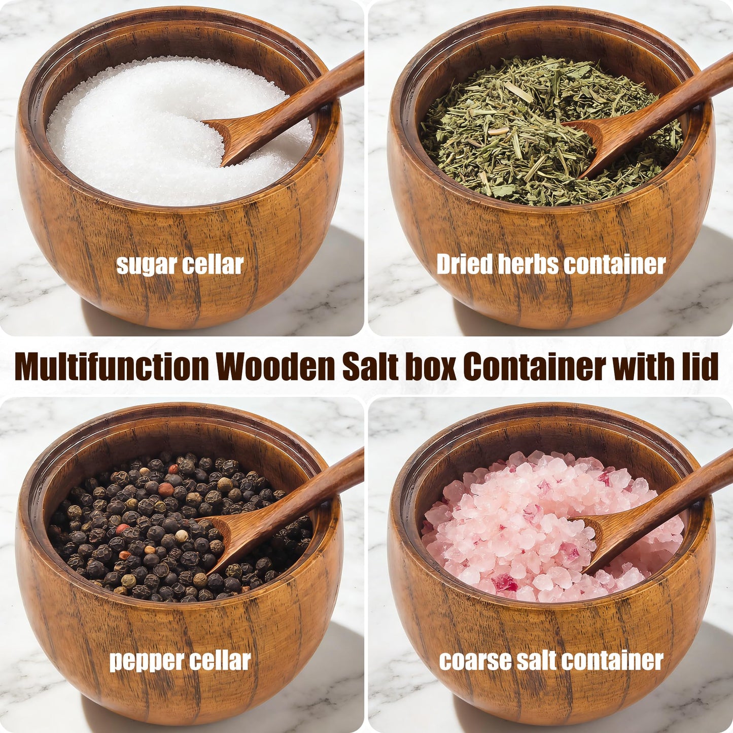 Yokudo Wooden Salt Cellar with Lid and Spoon 5.7 oz Kitchen Wooden Salt Box for Sea Salt,Spices and Herbs（1pcs）