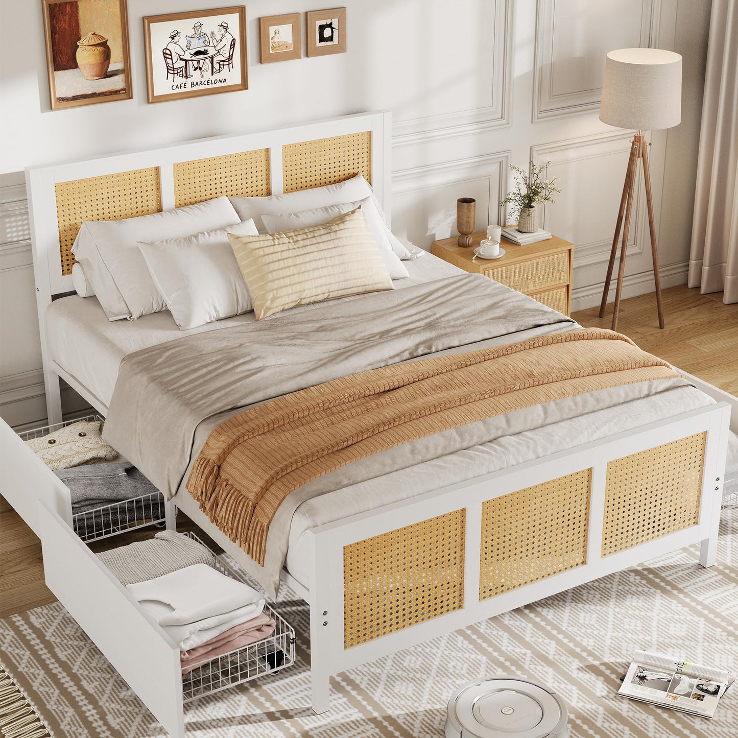 Garvee Rattan Full Bed Frame with LED Headboard (7 Colors), Boho Cane Platform Bed with 4 Large Drawers, Strong Metal Slats Support, Noise Free, No Box Spring Needed, Easy Assembly, White