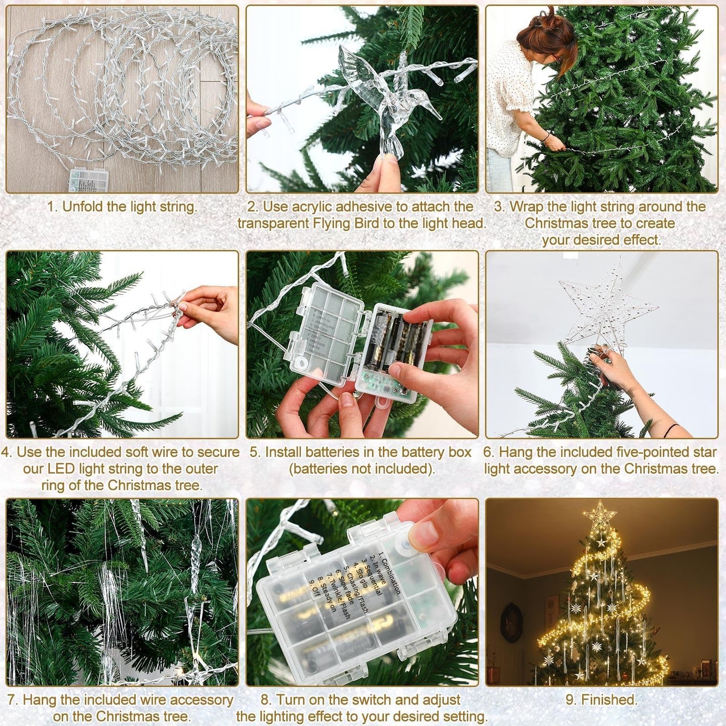 Mudder 49 ft Christmas Tree Ring Lights with Clear Ornaments Acrylic Hummingbird Snowflake Star Icicle and Iron Wire 300 LED Crystal Garland Fairy Lights for Indoor Xmas Tree Winter Party Decor