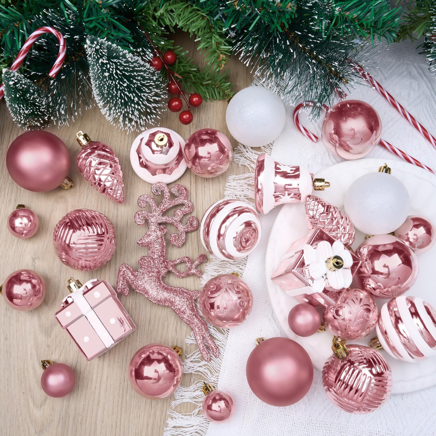 Joiedomi 66 Pcs Christmas Balls Ornaments Set, Pink Shatterproof Plastic Christmas Tree Ornaments for Xmas Hanging Decoration, Holiday Party Decoration