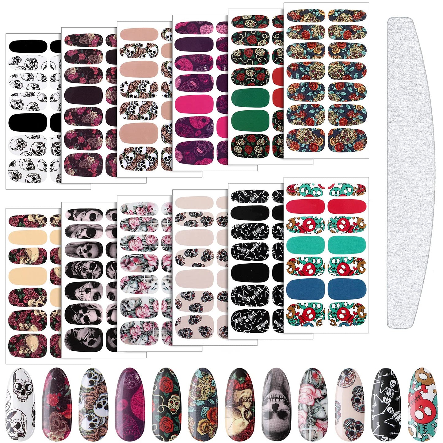 Maitys 168 Pcs 12 Sheets Halloween Goth Full Wrap Nail Stickers Nail Polish Strips Decals Skull Self Adhesive for Women DIY Decoration(Skeleton Style)
