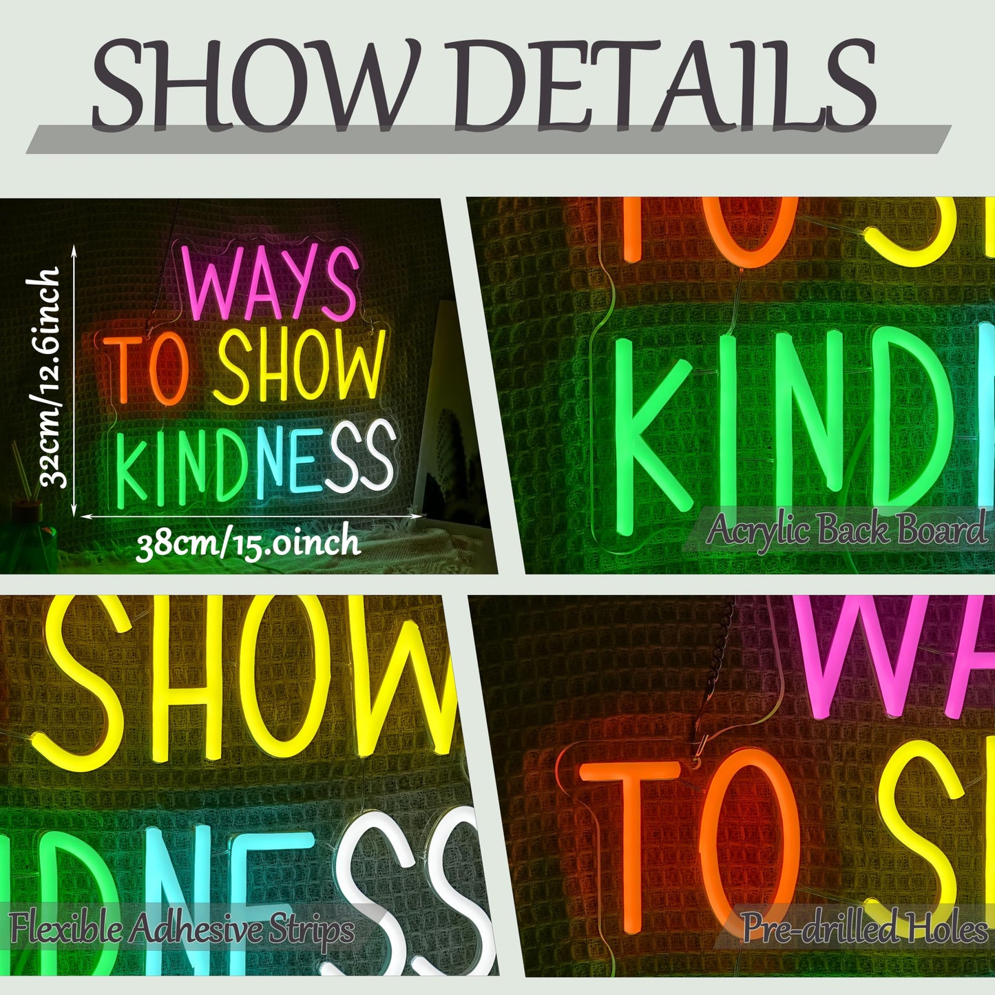 Ways To Show Kindness Neon Sign for Wall Decor Letters Rainbow Led Neon Light Dimmable Inspirational Letters Light Sign for Bedroom Classroom Club Party Office