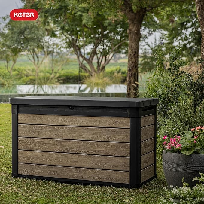 Keter Ashwood 100 Gallon Resin Deck Box Organization and Storage for Patio Furniture Outdoor Cushions, Throw Pillows, Garden Tools and Pool Toys, Brown