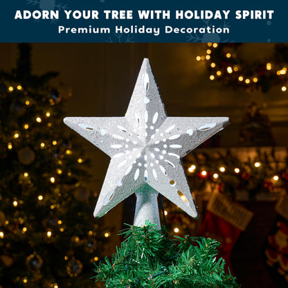 Joiedomi Christmas Silver Star Tree Topper Lighted with Projector, Built-in LED Rotating Lights, 3D Glitter Xmas Decorations for Party Holiday Indoor Decor