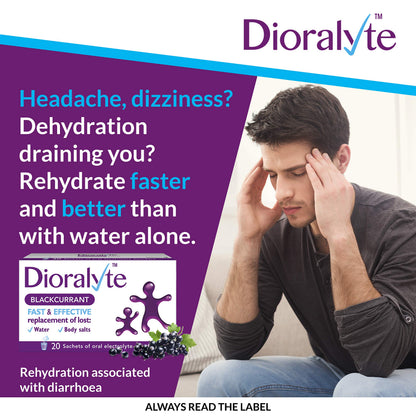 Dioralyte - Fast and Effective Supplement Treatment for Reducing Dehydration and Replacing Electrolytes (mineral salts) of Lost Body Water and Salts- Blackcurrant Flavour - 20 Sachets