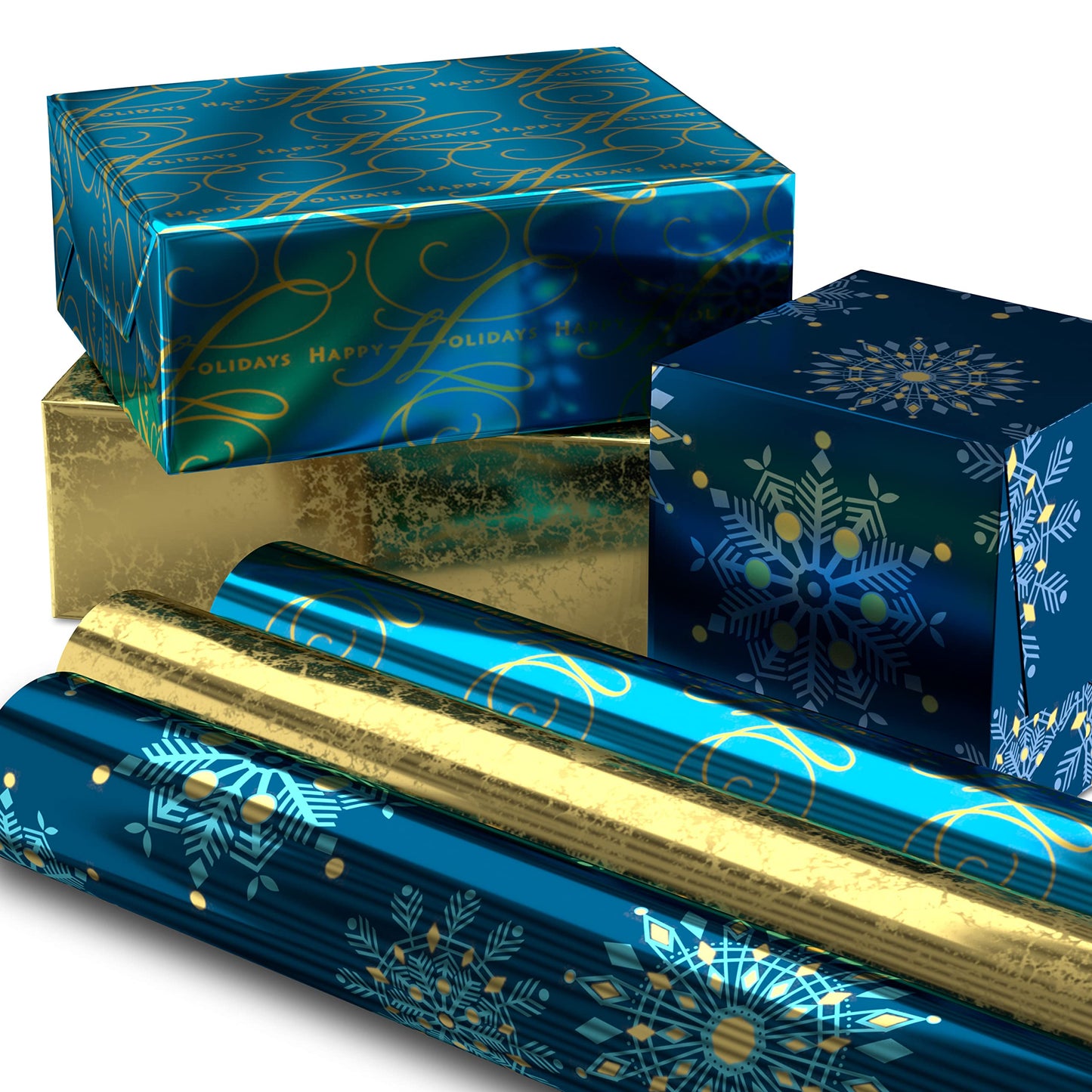 Hallmark Christmas Wrapping Paper Rolls, Metallic Foil Holiday Gift Wrap (Pack of 3: 60 sq. ft. ttl) Elegant Navy Blue and Gold for Christmas, Hanukkah, Weddings, Graduations