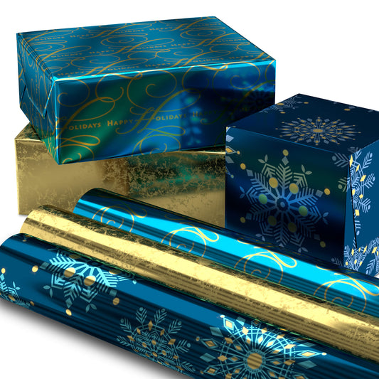Hallmark Christmas Wrapping Paper Rolls, Metallic Foil Holiday Gift Wrap (Pack of 3: 60 sq. ft. ttl) Elegant Navy Blue and Gold for Christmas, Hanukkah, Weddings, Graduations