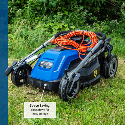 Hyundai 15'' / 38cm 1600w Electric Lawnmower with Rear Roller with Mulching Feature 40 Litre Collection Bag and 5 Cutting Heights with 10m Power Cable