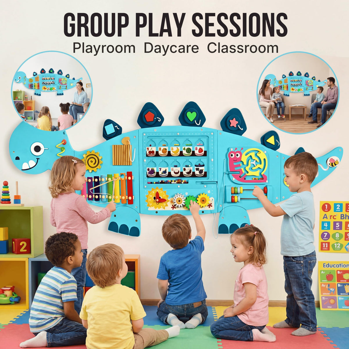 AthomBear Dinosaur Wall Busy Board with 12 Activities - Montessori Wall Activity Board 2-6 - Wooden Toys for Toddlers – Sensory Panel Learning Activity Center for Playroom, Daycare & Classroom