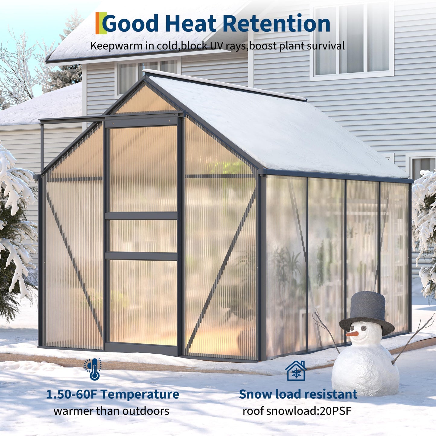 GarveeHome 6x8 FT Walk-in Polycarbonate Greenhouse - 76" High Reinforced Aluminum Frame with Base Kit, 4mm Double-Wall UV Protected Panels, 5-Position Adjustable Roof Vent & Sliding Door, 250 Cu.Ft