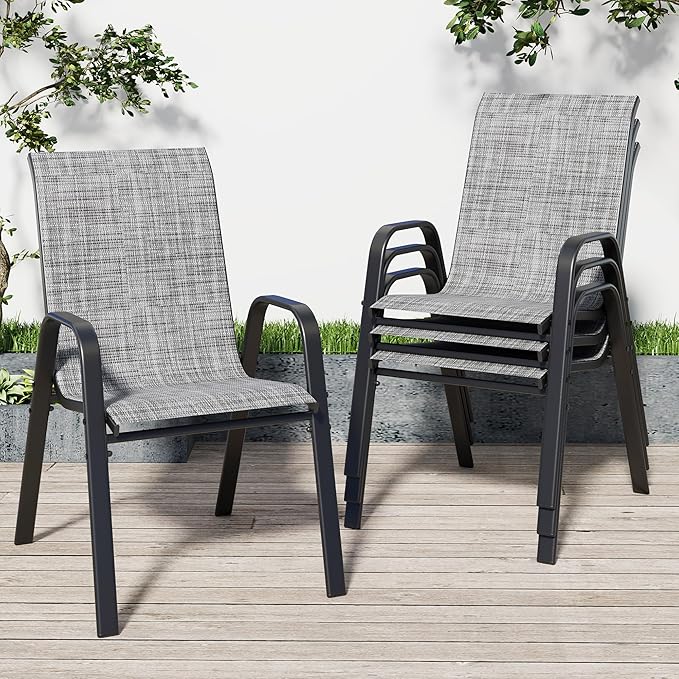 Patio Chairs Set of 4, Stackable Outdoor Dining Chairs for All Weather Textilene Fabric & Metal Frame, Outdoor Chairs Set for Backyard Deck Garden (Grey, Set of 4)