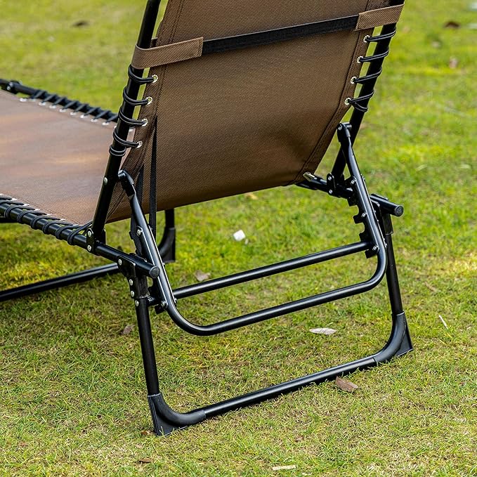 Outsunny Chaise Lounge Chair Outdoor, 5-Position Adjustable Sun Tanning Chair with Carrying Handle and Side Pocket, Folding Bed Cot with Removable Pillow for Garden, Beach, Patio, Pool, Camp, Brown