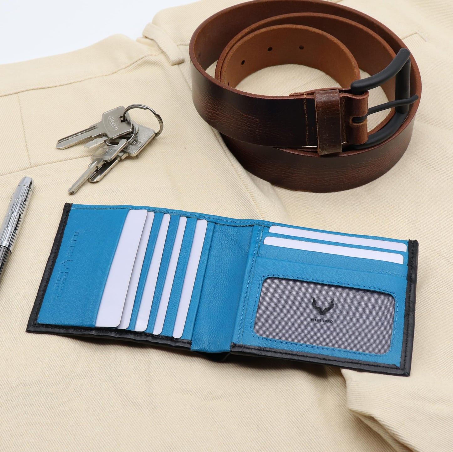 PELLE TORO Handmade Super Slim Men's Wallet, Handmade with Napa Leather, RFID Blocking Wallet, 9 Card Slots & ID Window (Charcoal Black & Aqua Blue)