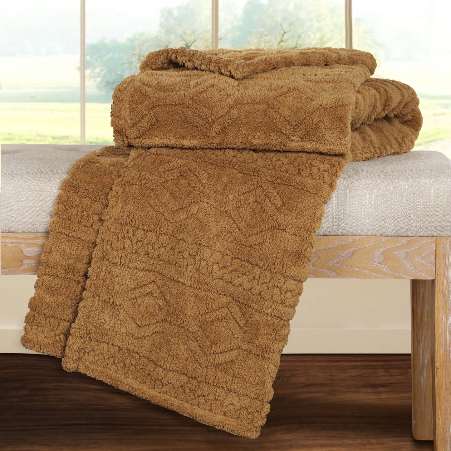 Superior Fleece Boho Jacquard Blanket, Decorative Blankets for Bedroom, Sofa, Fuzzy, Plush, Fluffy, Soft, Cute Room Decor, Beautiful Cover, Comfort Essentials, Arctic Collection, King, Camel