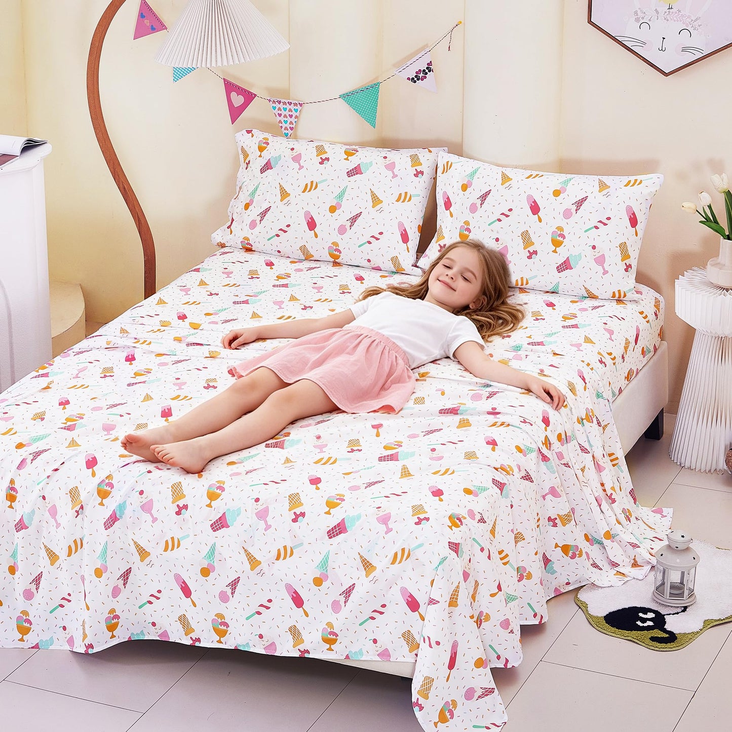 CozySmile Twin Sheet Set Kids,3 Pieces Breathable Soft Microfiber Bedsheets for Child Girls, Oeko-TEX, Anti Pilling Deep Pockets Easy Care Bed Sheets, Ice crea