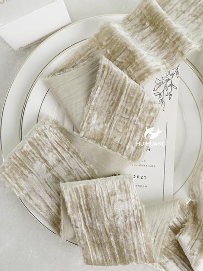 HUIHUANG Taupe Velvet Crinkled Frayed Ribbon - 3 Inch Wide Champagne Fringe for Wreaths, Christmas Tree, Flower Bouquet, Gift Wrapping, Wedding & Bridal Shower Decor