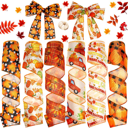 Yuxung 6 Rolls 30 Yards Thanksgiving Fall Burlap Ribbon Rolls Wired Wrapping Ribbon Buffalo Plaid Pumpkin Truck Turkey Maple Harvest Fall Thanksgiving Wreath Decoration for Craft Bow Gifts Making