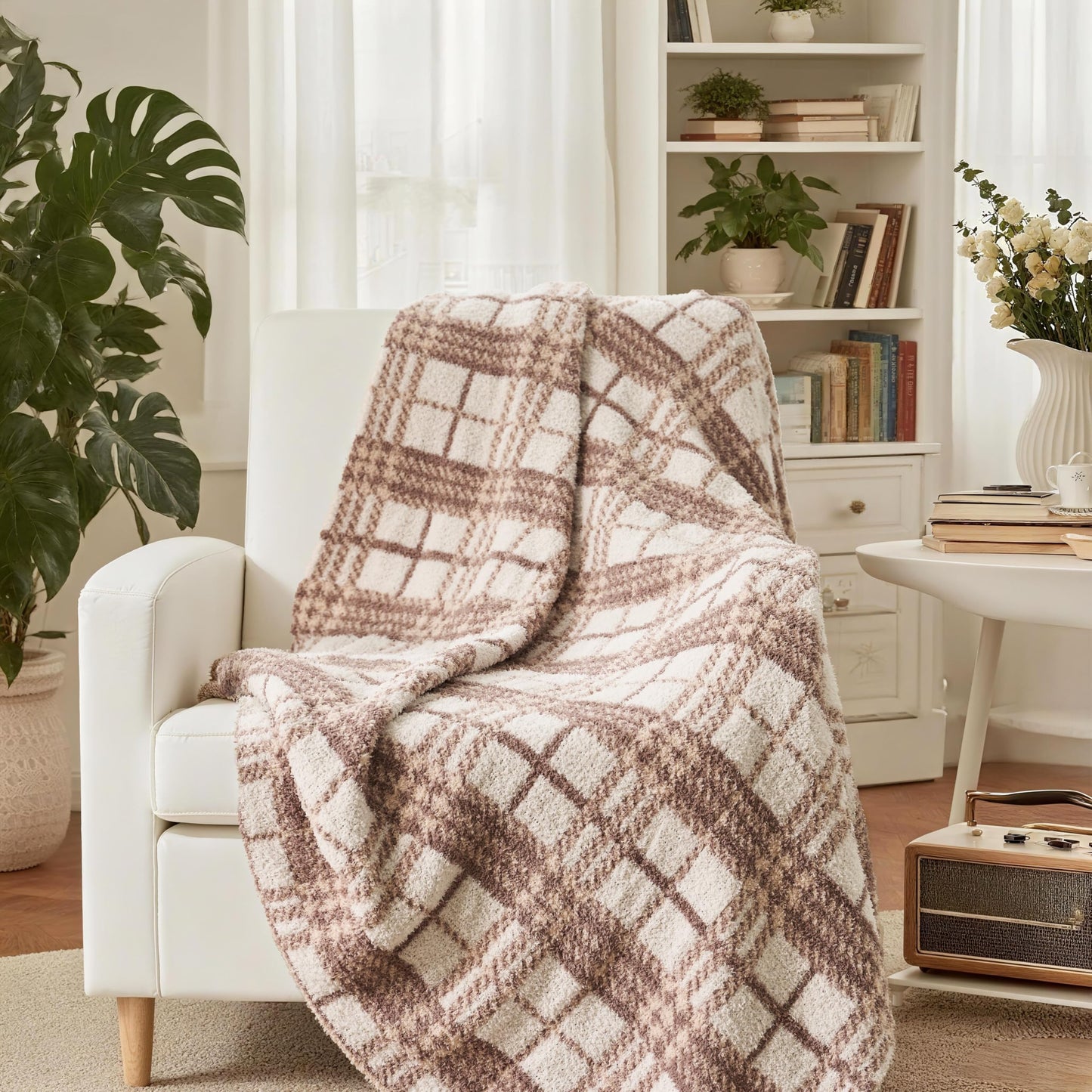 DXRZEXAM Stretch Knit Throw Blanket 47"x59" Soft Fleece Checkered Blanket All Season Breathable Non-Shedding Cozy for Couch Bed Office Lap Wrap Camping Trip 550GSM Khaki Beige Plaid