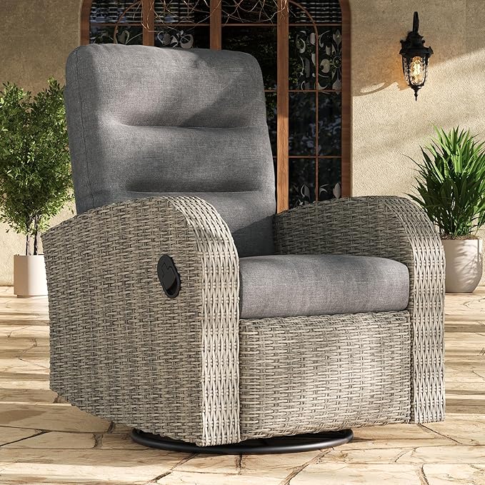 LayinSun Oversized Wicker Outdoor Swivel Glider Recliner with Adjustable Backrest & Footrest, Patio Reclining Lounge Chair