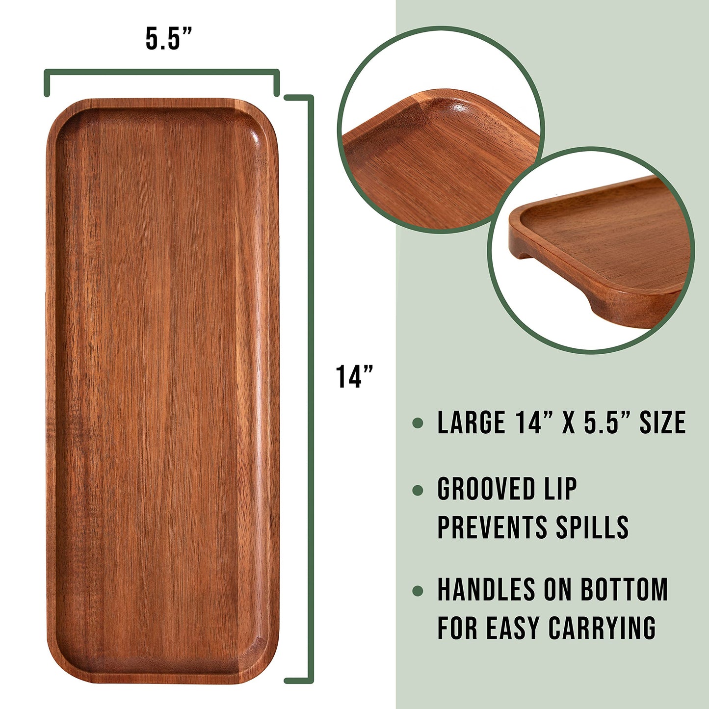 Solid Acacia Wood Serving Trays (14 x 5.5 inches) Rectangular Wooden Large Serving Platters for Food, Wooden Platter for Charcuterie, Appetizer Serving Tray, Wood Cheese Board (Set of 3 Plates)