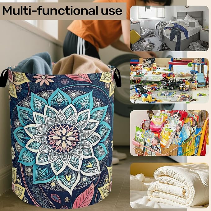 Bohemian Blue Flowers Laundry Basket, Dirty Clothes Basket, Water Resistant