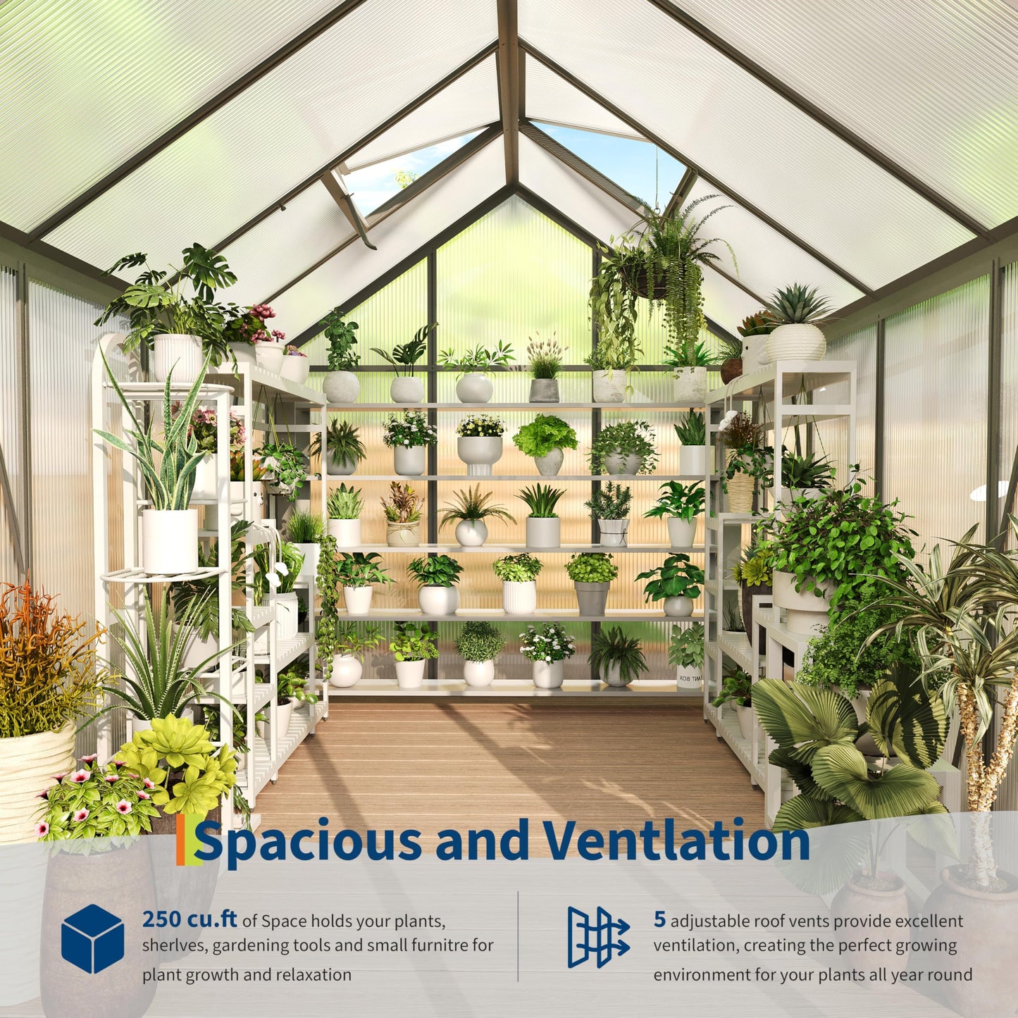 GarveeHome 6x8 FT Walk-in Polycarbonate Greenhouse - 76" High Reinforced Aluminum Frame with Base Kit, 4mm Double-Wall UV Protected Panels, 5-Position Adjustable Roof Vent & Sliding Door, 250 Cu.Ft