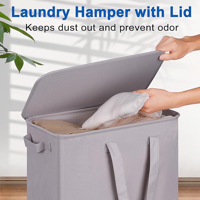 Slim Laundry Hamper with Lid and Wheels, Small Rolling Laundry Basket with