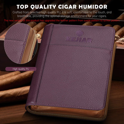KEJIAR Travel Cigar Humidor Set, Humidor Cigar Box with V Cutter, Straight Cutter, Hole Puncher, Two-Way Humidity Control Packs, Leather Holder Case with Cigar Accessories Kit (Purple)